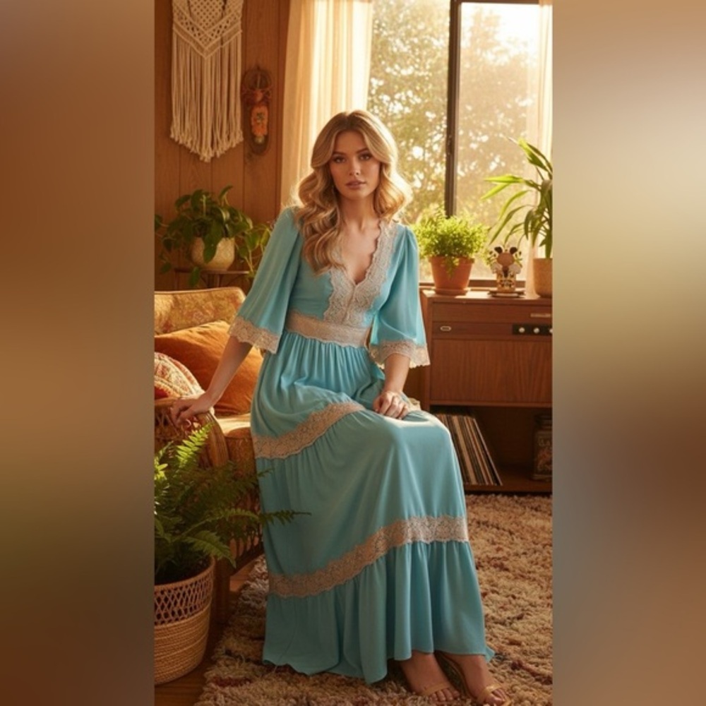 VENUS Retro Maxi Dress Turquoise Lace Trim Tiered Boho 70’s Festival Vibes Sz: 6